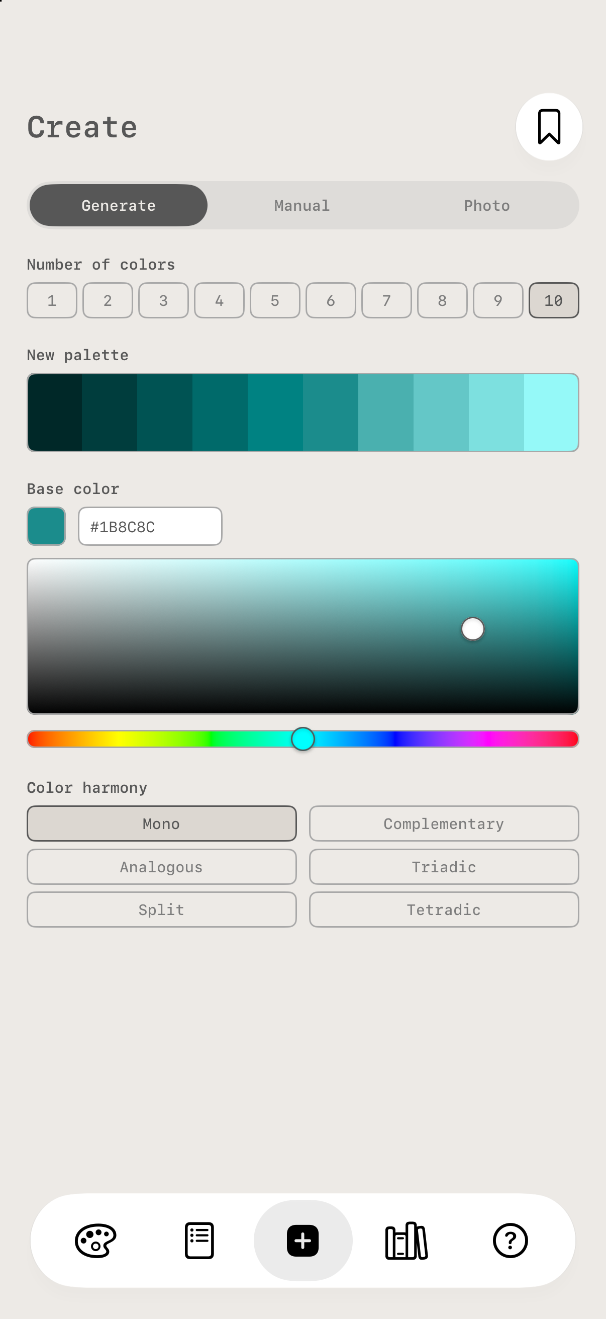 Generating a ten-color monochromatic palette from a teal base