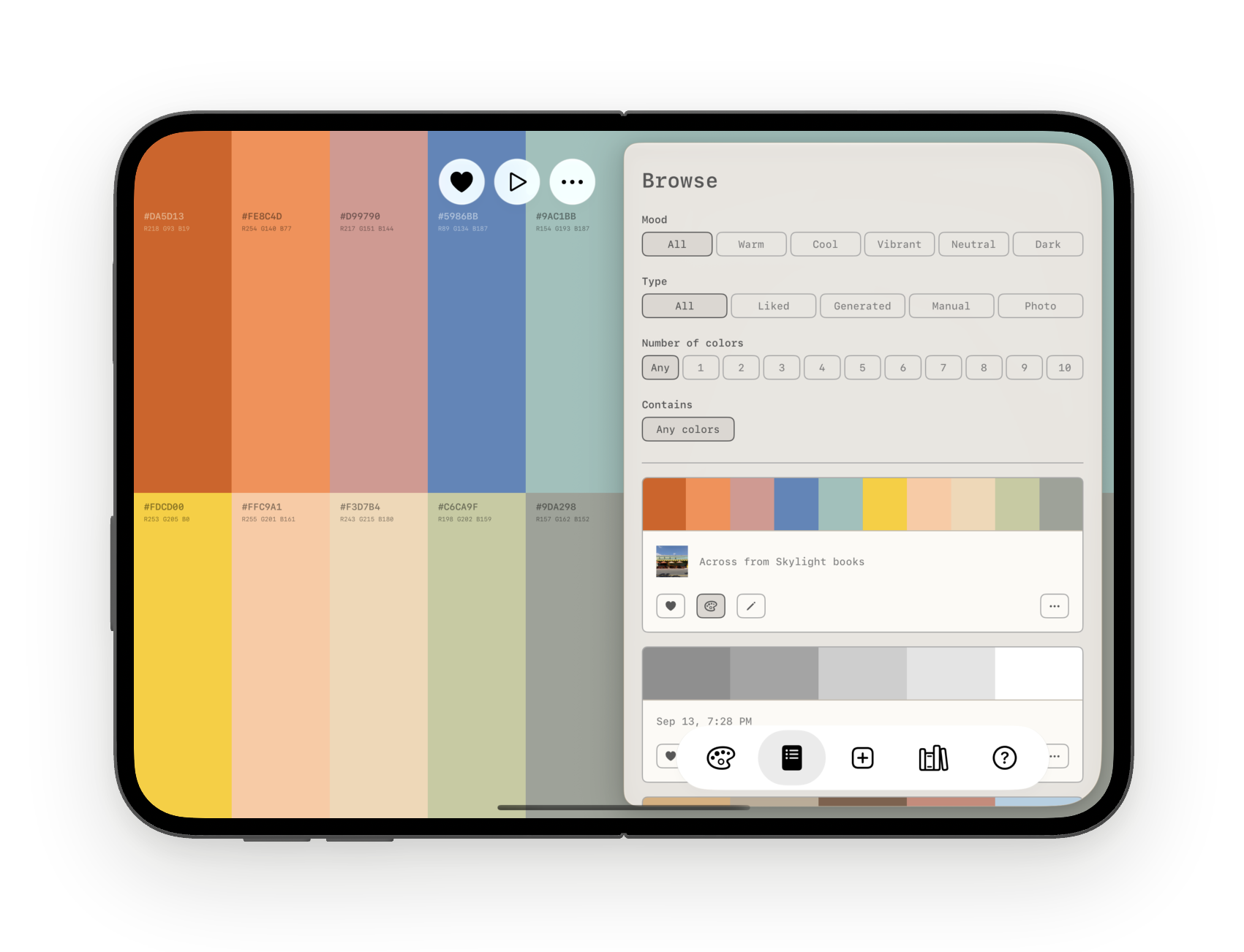 iPhone Duo open: the palette beside the Browse page on the inner display
