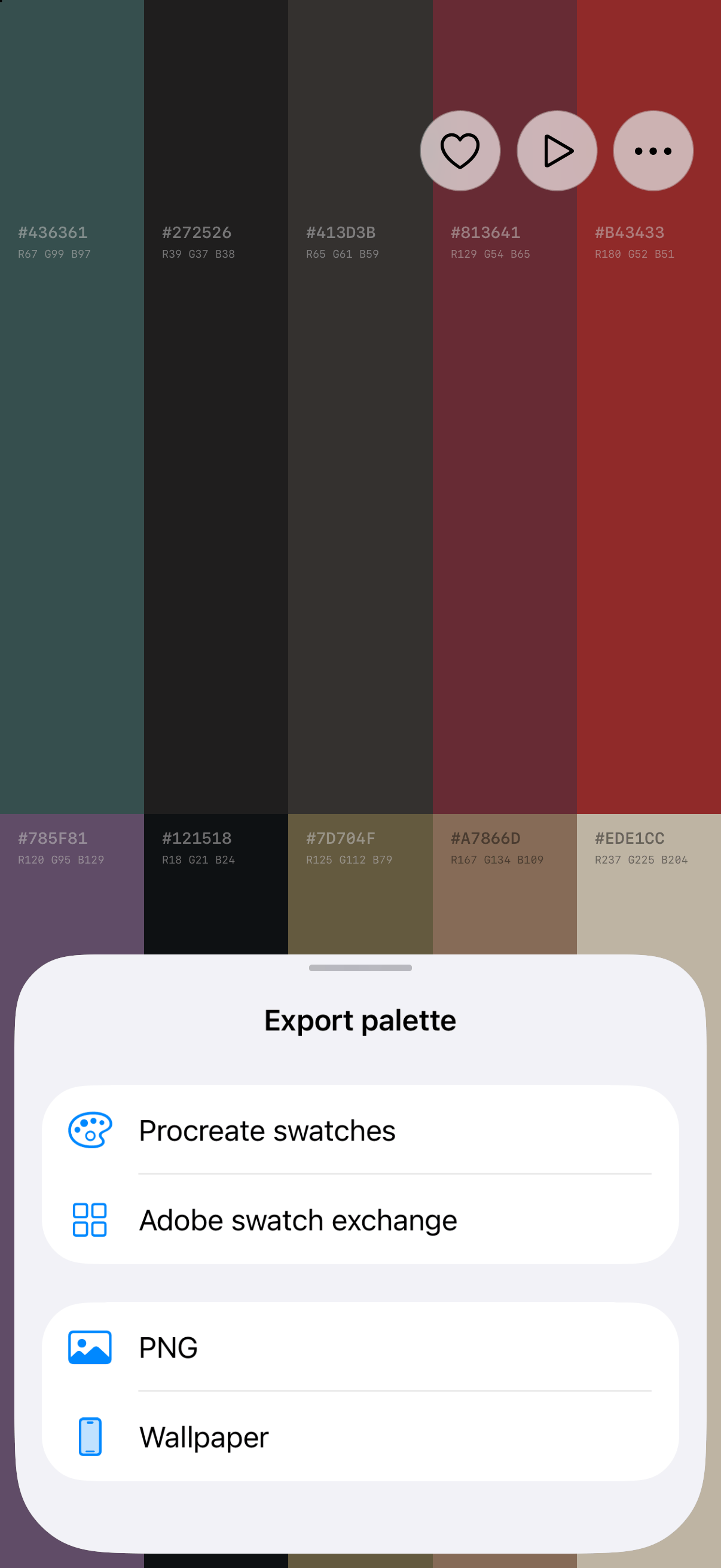 The Export palette sheet: Procreate swatches, Adobe swatch exchange, PNG, and Wallpaper