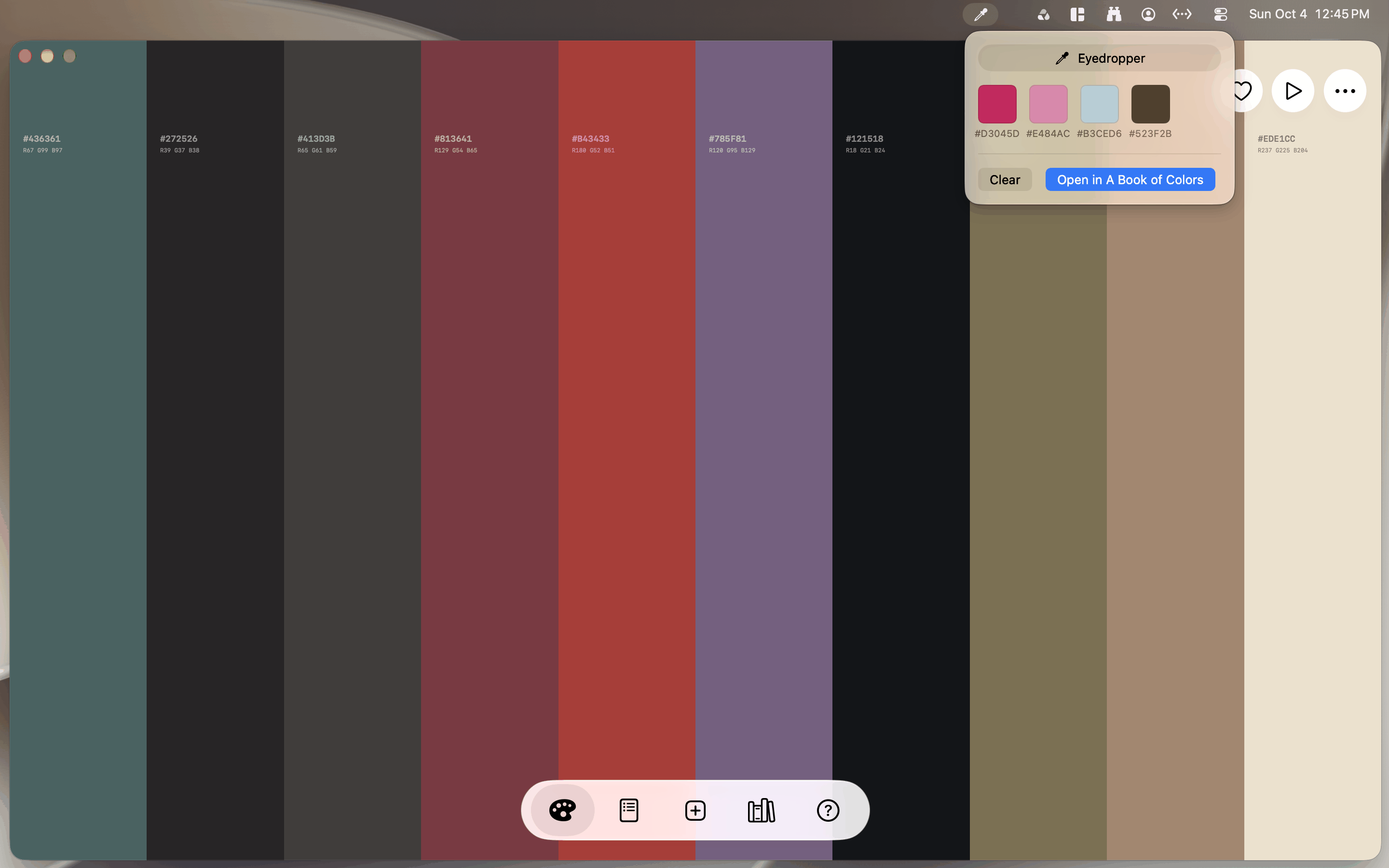 A Book of Colors on the Mac with the menu bar eyedropper panel open, holding four sampled colors