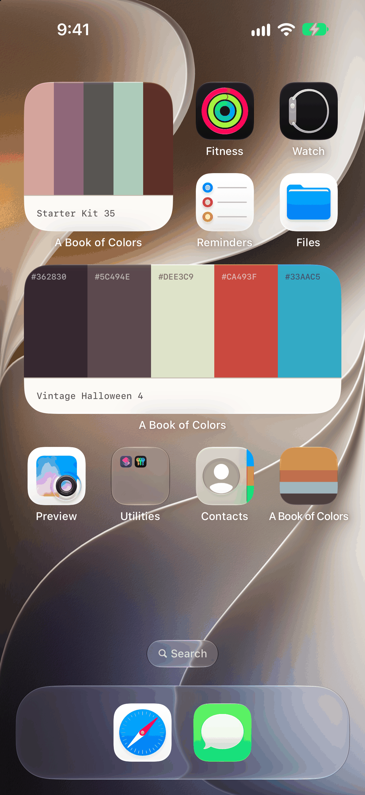Two Palette widgets on an iPhone Home Screen, showing the Starter Kit 35 and Vintage Halloween 4 palettes