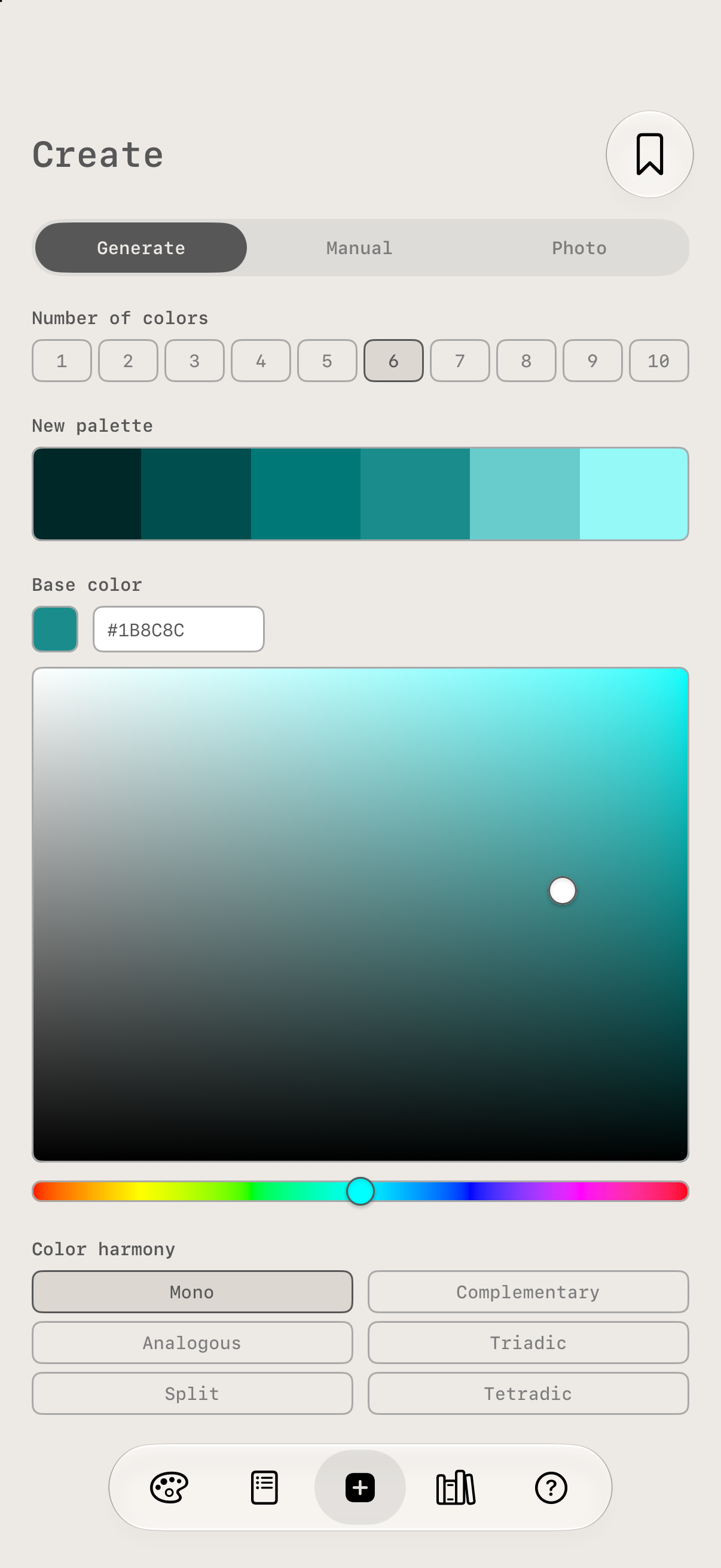 Generating a six-color monochromatic palette from a teal base