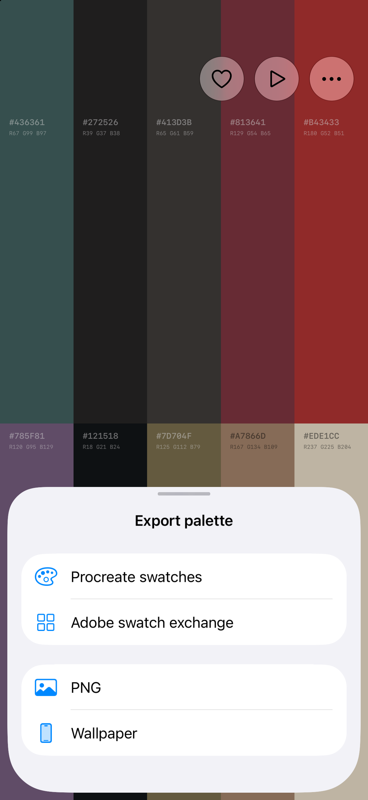 The Export palette sheet: Procreate swatches, Adobe swatch exchange, PNG, and Wallpaper