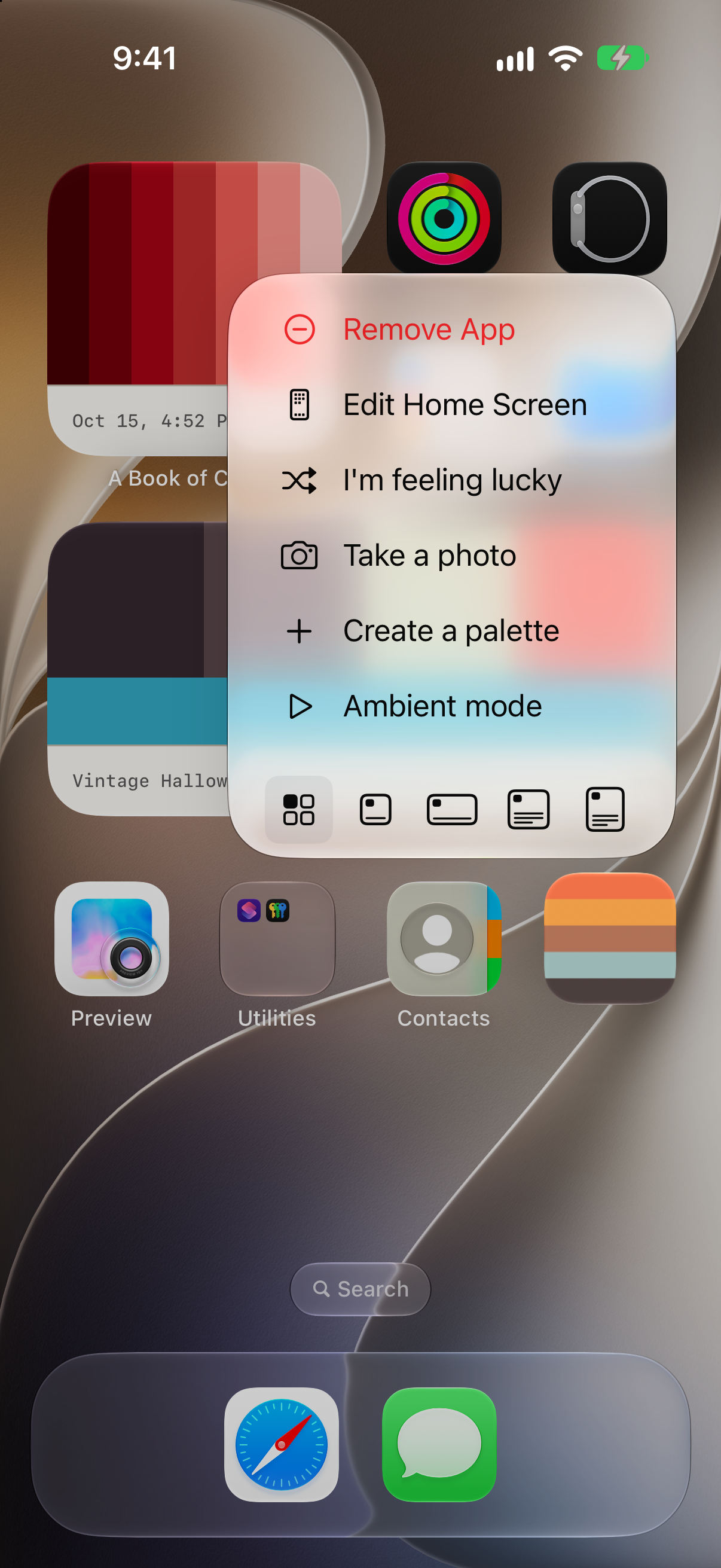 The app icon's quick actions menu on the Home Screen: Ambient mode, Create a palette, Take a photo, I'm feeling lucky