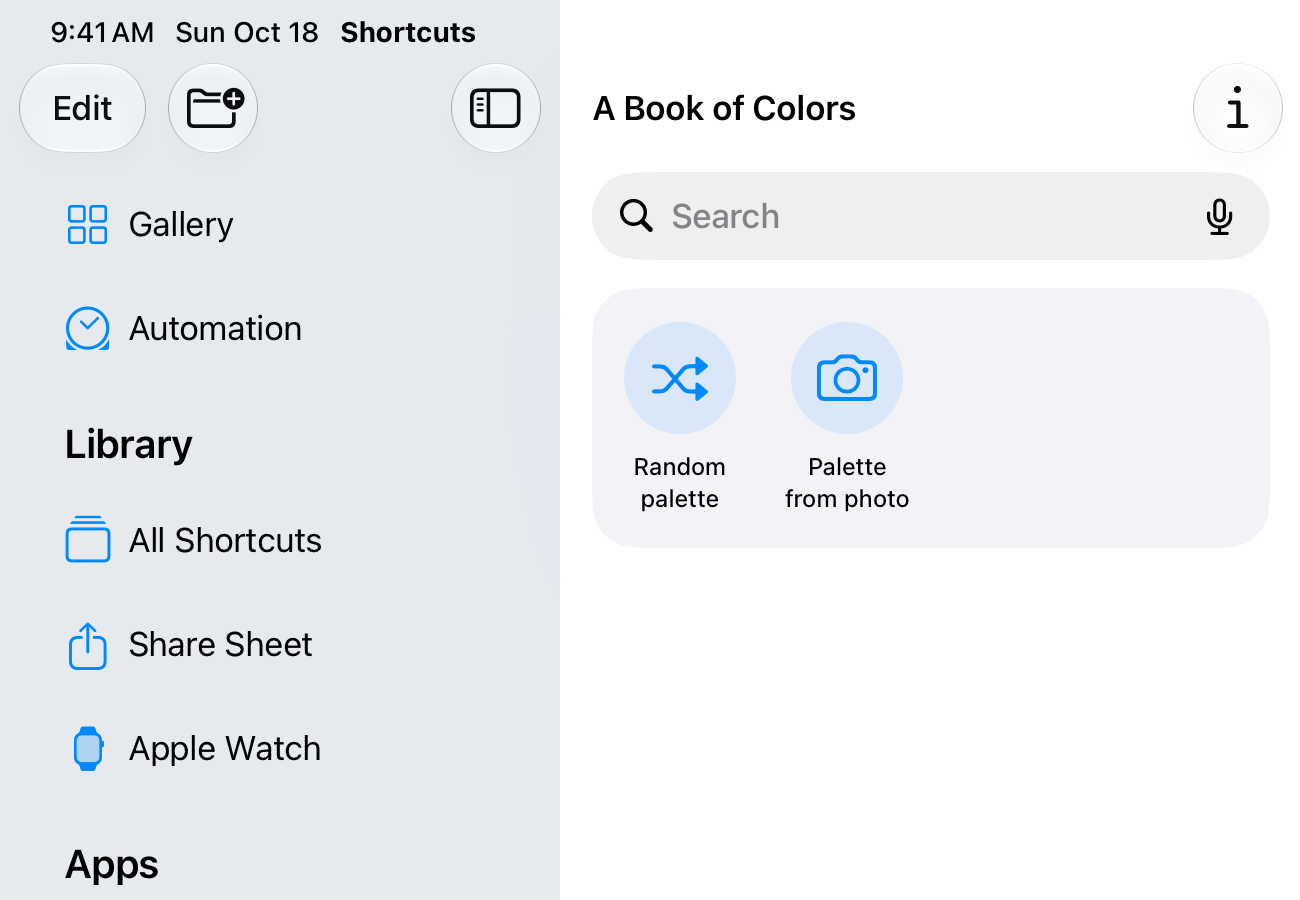 The Shortcuts app on iPad listing A Book of Colors' actions: Random palette and Palette from photo