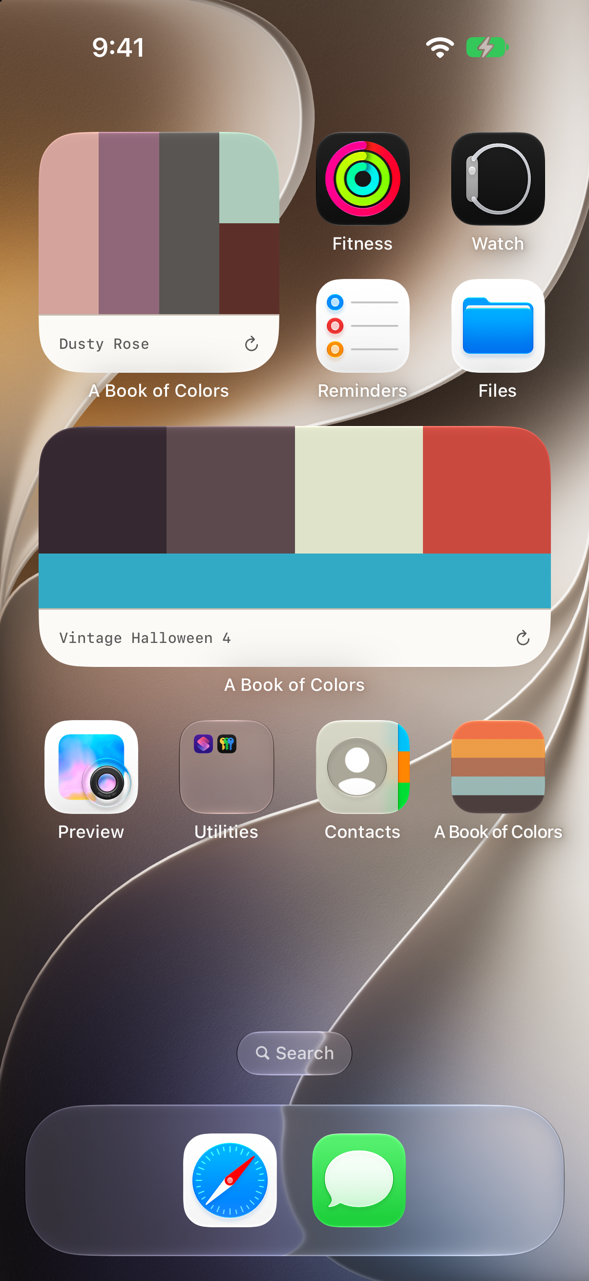 Two Palette widgets on an iPhone Home Screen, showing the Dusty Rose and Vintage Halloween 4 palettes